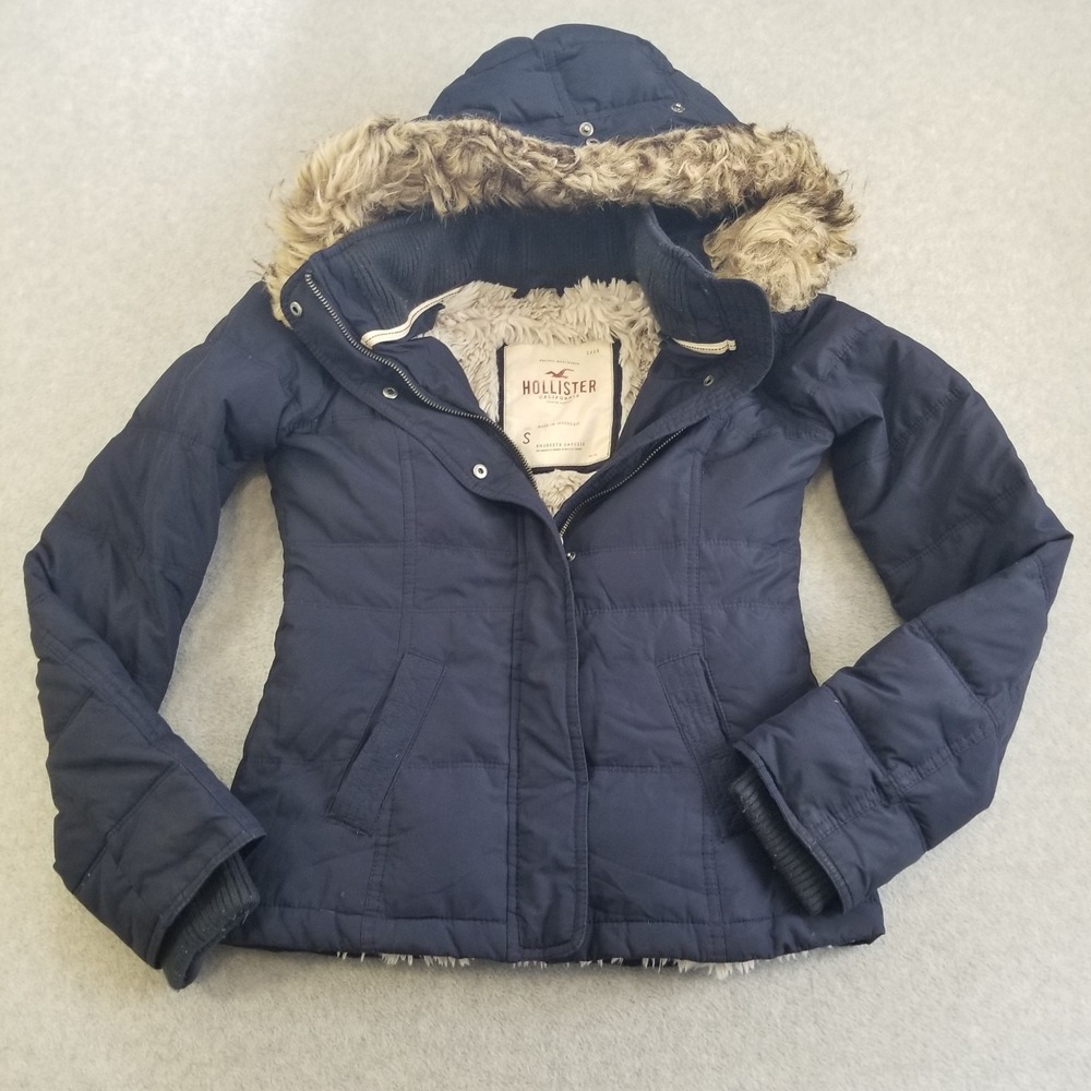 Y2K Hollister Jacket Womens Small Blue Faux Fur Hooded Down Coat Vintage Sherpa
